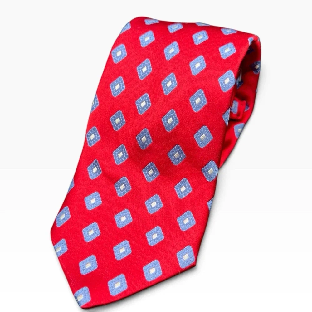 Peter Millar Silk Necktie Red Blue Geometric Geometric Diamond Pattern Italian